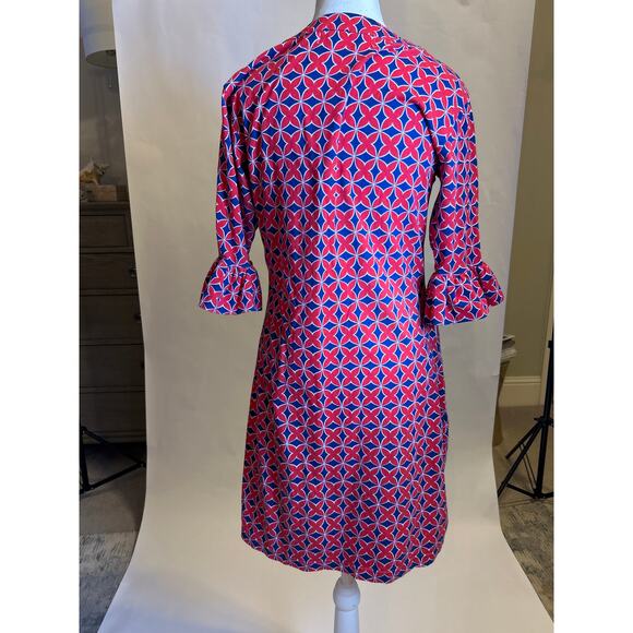 Tracy Negoshian | Red/Blue Geometric Bell Sleeve Cotton Dress | Large - Picture 11 of 16